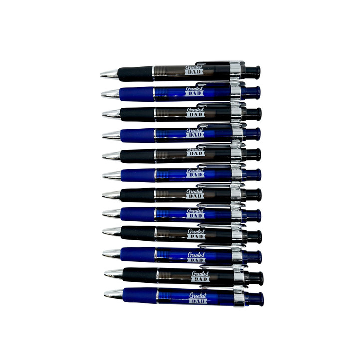 FD2699-19 Greatest Dad Pens
$0.55c plus GST
Dads very own pen!  A great gift that pairs perfectly with anything!  Grab a Spiral Notebook, Word Search or Sudoku to complete your gift.  Length 13.5cm.
Product Info: a 12 pack of pens (available in blue and black) with logo that says “Greatest Dad”.  The black pen has black ink and the blue pen has blue ink.