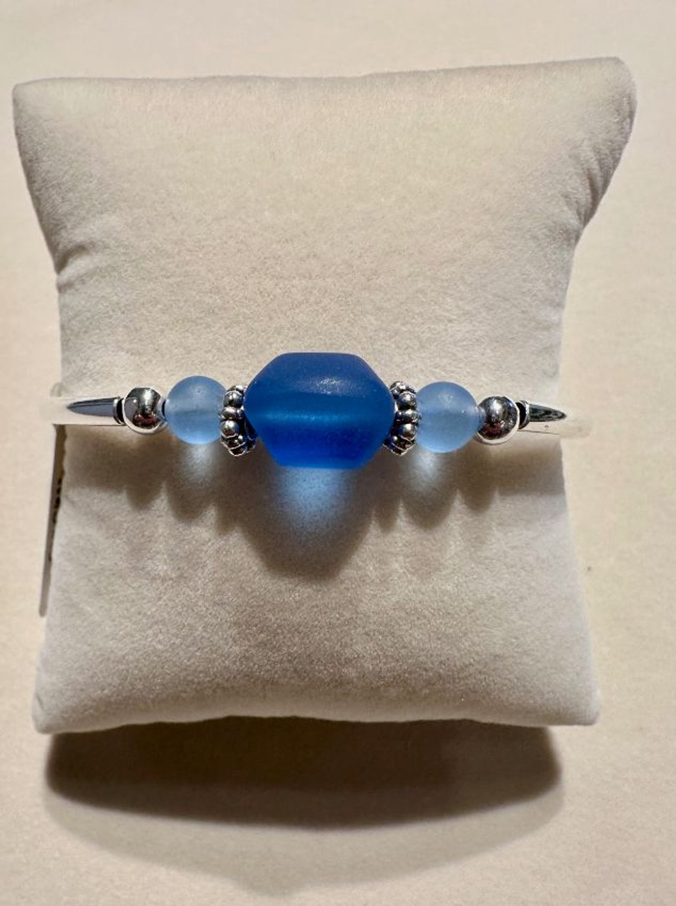 sapphire blue sea glass bracelet expandable 
