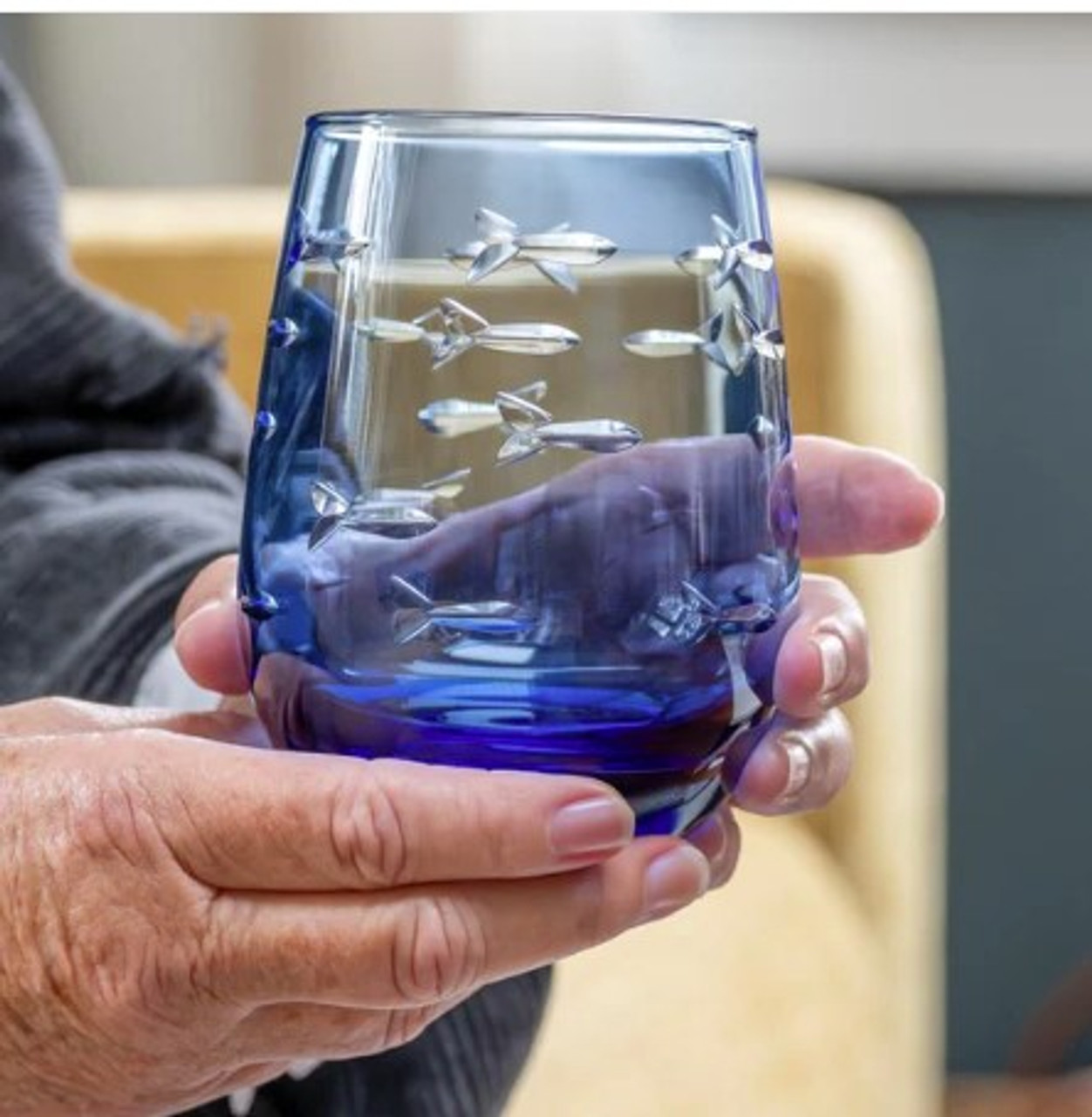 School of Fish blue stemless wine glass 15oz