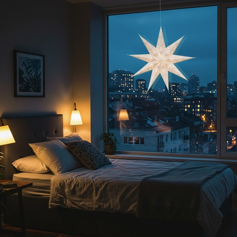 Phoenix ~ 9P, 25" White / Gray Paper Star Lantern Light