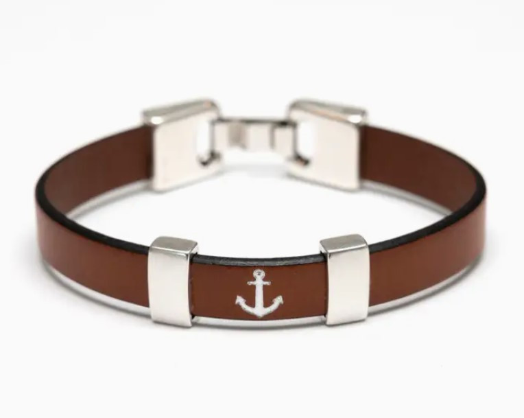 Allison Cole Chatham Mahogany Silver Leather Anchor Bracelet