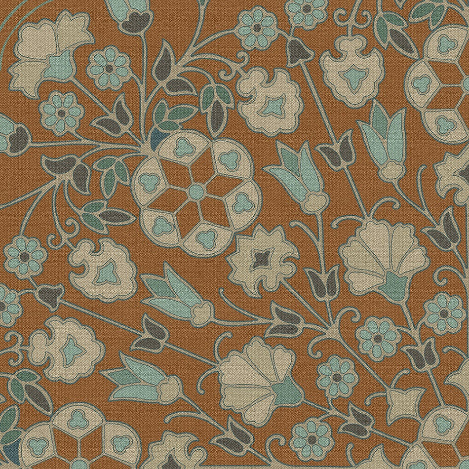 Biltmore Arabesque Bloom Cognac and Sea Glass - round vinyl floor cloth detail 