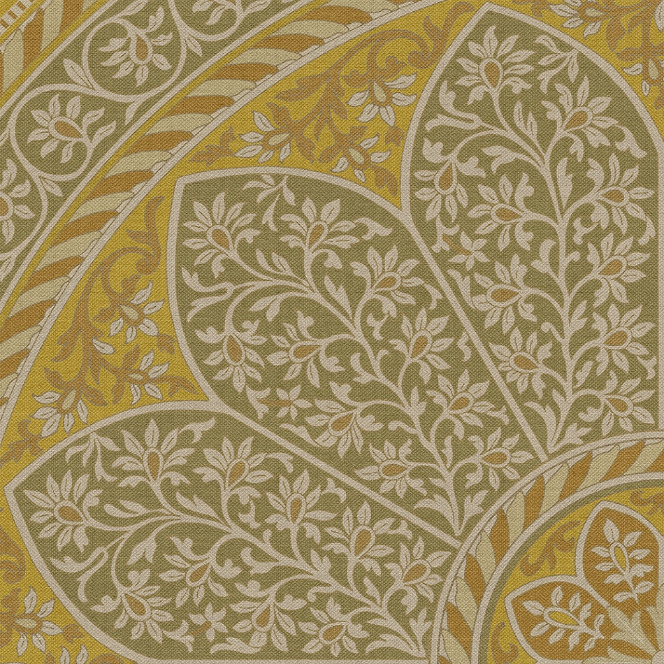 Biltmore Estate Tracery Olive Saffron - round vinyl floor cloth detail