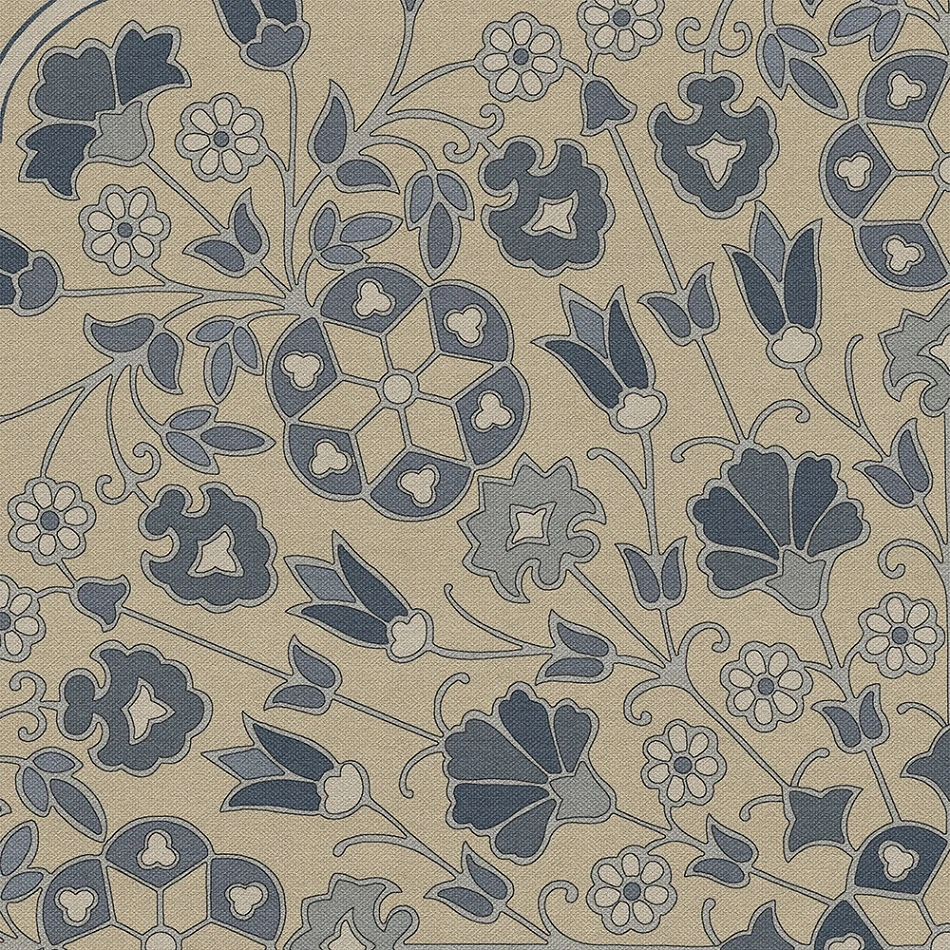 Spicher Biltmore Arabesque Bloom Indigo Linen - half round vinyl floor cloth detail 