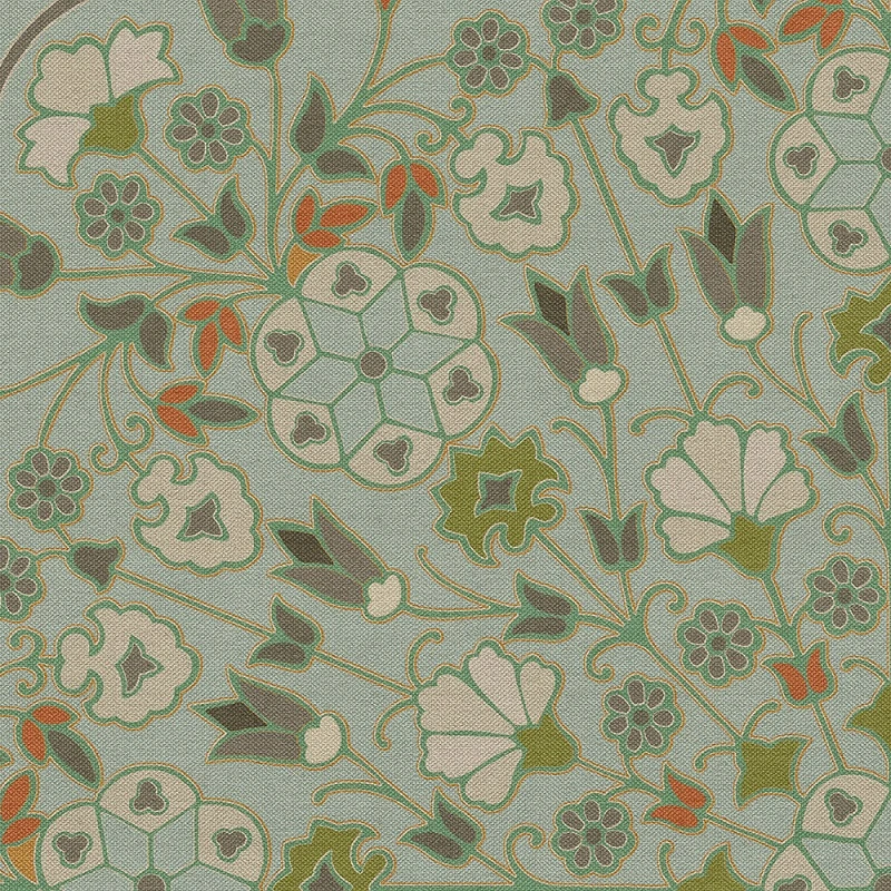 Arabesque Bloom Aqua Verdure - round vinyl floor cloth detail