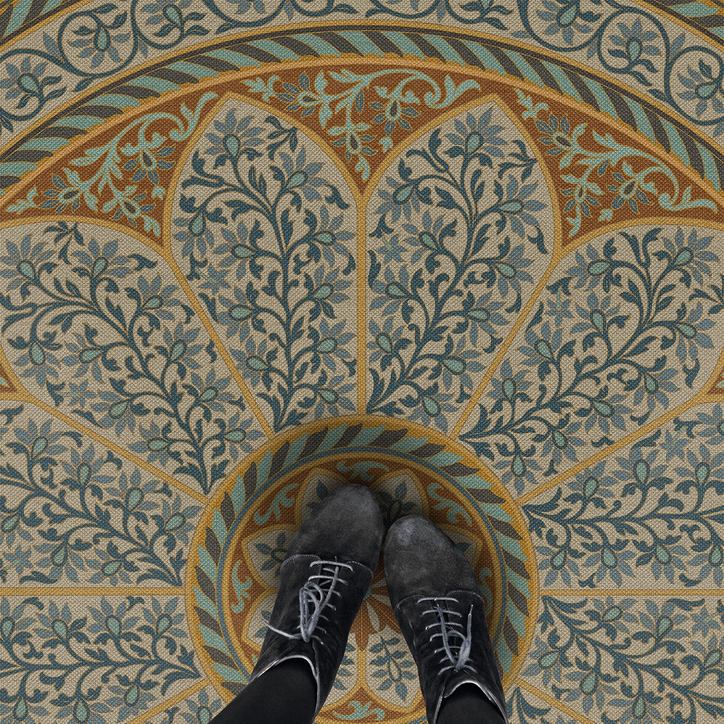 Estate Tracery Willow and Umber - round vinyl floor cloth 