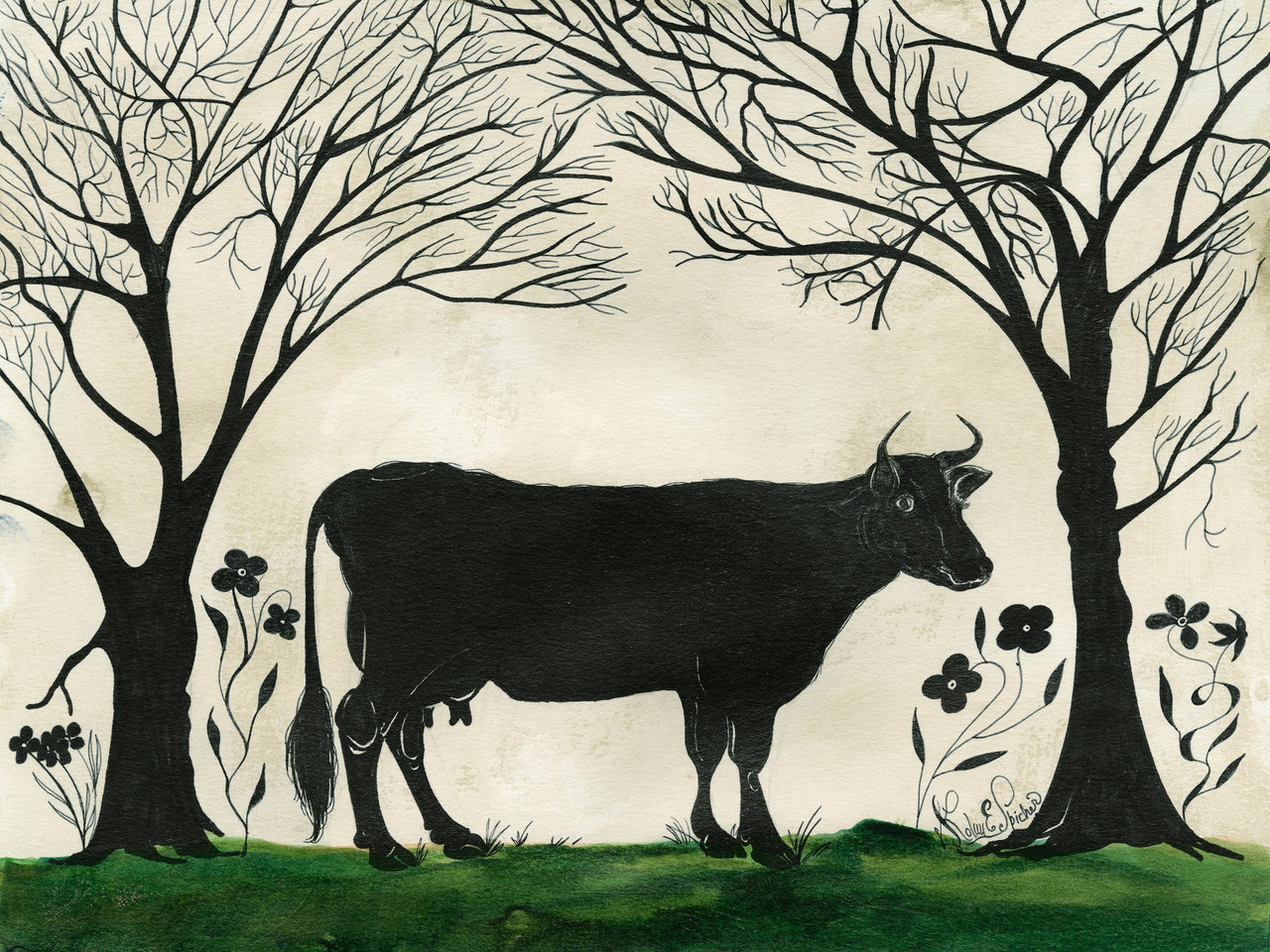 Animal Silhouette Cow facing right - vinyl floor cloth sizes 36x48, 48x60
