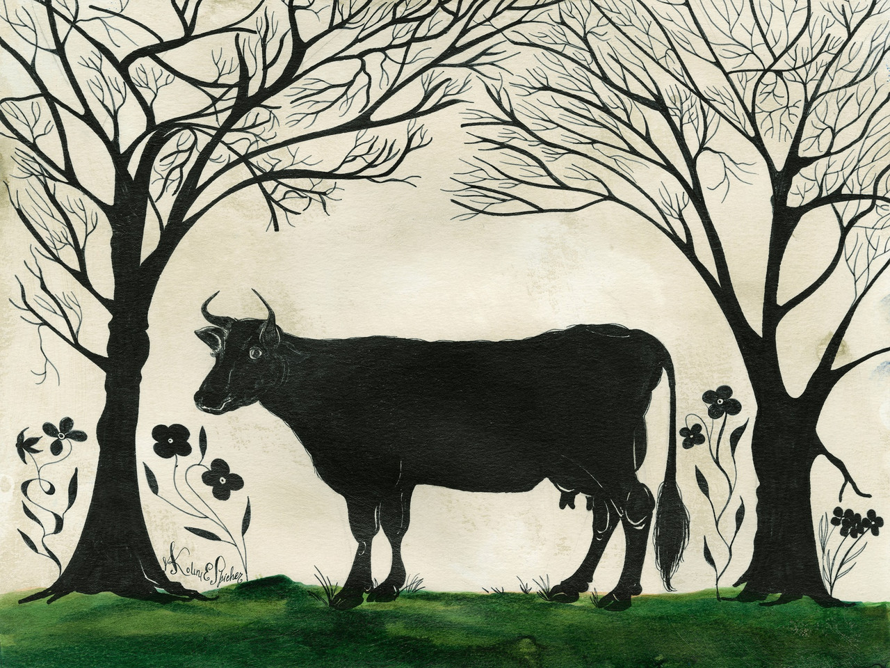 Animal Silhouette Cow facing left - vinyl floor cloth size 36x48, 48x60