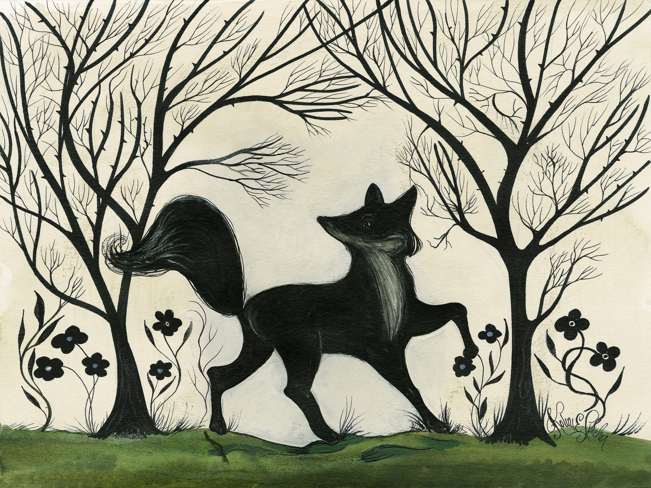 Animal Silhouette Fox facing right - vinyl floor cloth size 36x48, 48x60