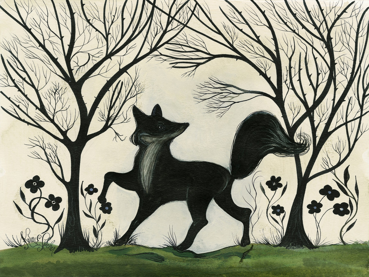 Animal Silhouette Fox facing left - vinyl floor cloth sizes 36x48, 48x60