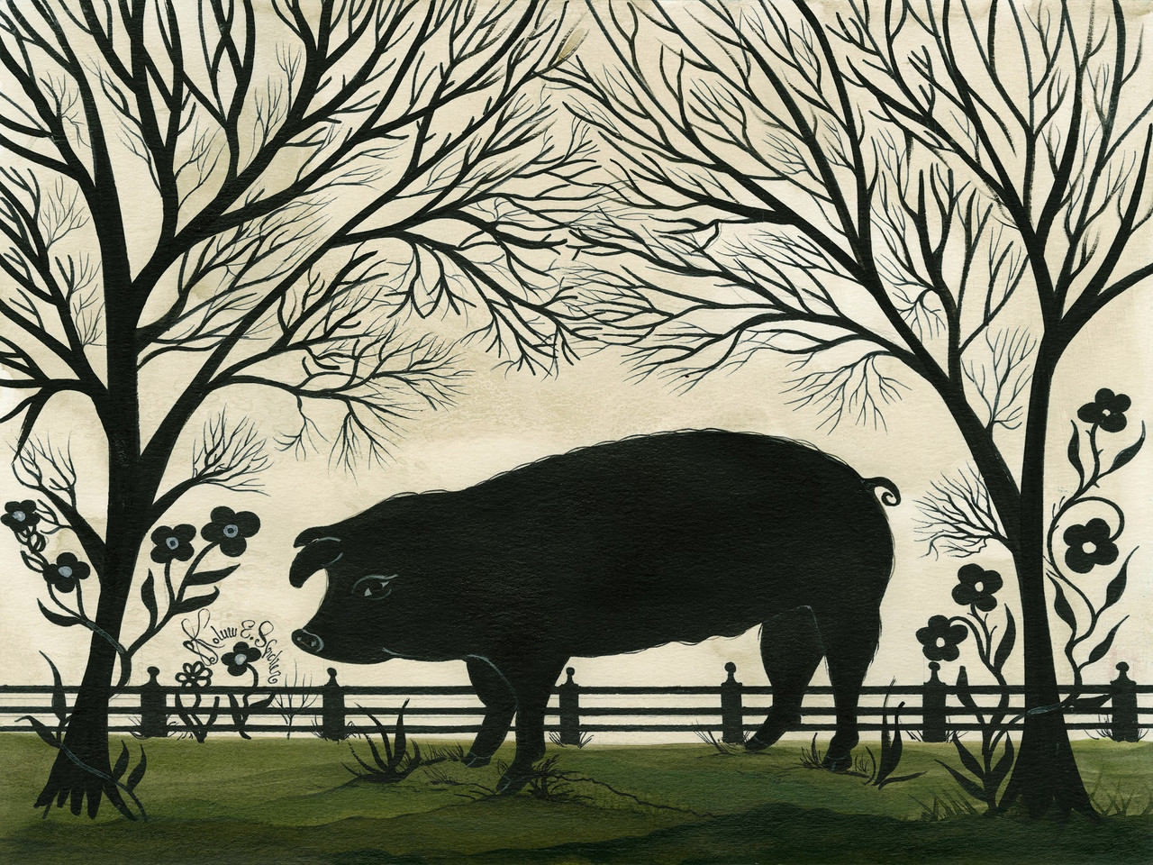 Animal Silhouette Pig facing left - vinyl floor cloth sizes 36x48, 48x60