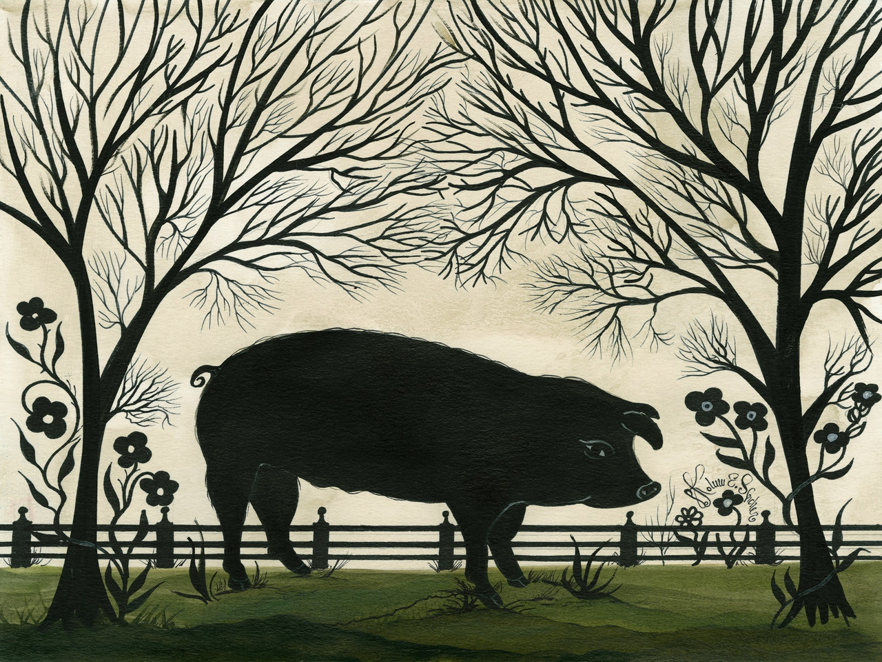 Animal Silhouette Pig facing right - vinyl floor cloth sizes 36x48, 48x60