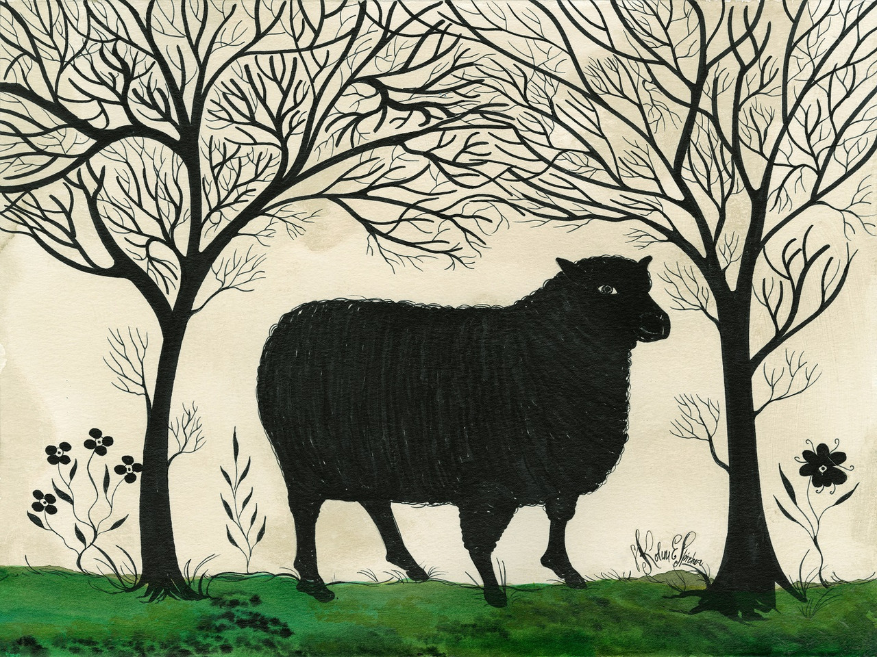 Animal Silhouette Sheep facing right - vinyl floor cloth sizes 36x48, 48x60