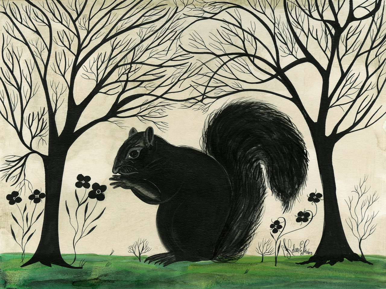 Animal Silhouette Squirrel facing left - vinyl floor cloth sizes 36x48, 48x60