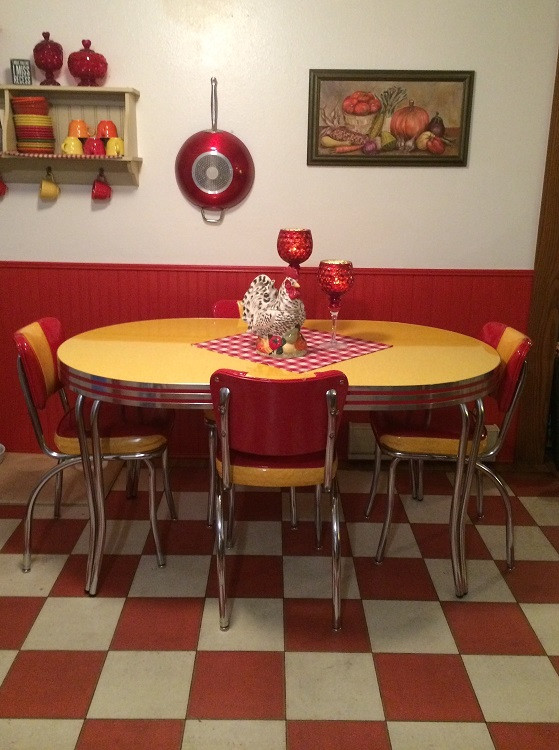 Classic Pattern 7 Checked Out (distressed)- vinyl floor cloth used in a dining area