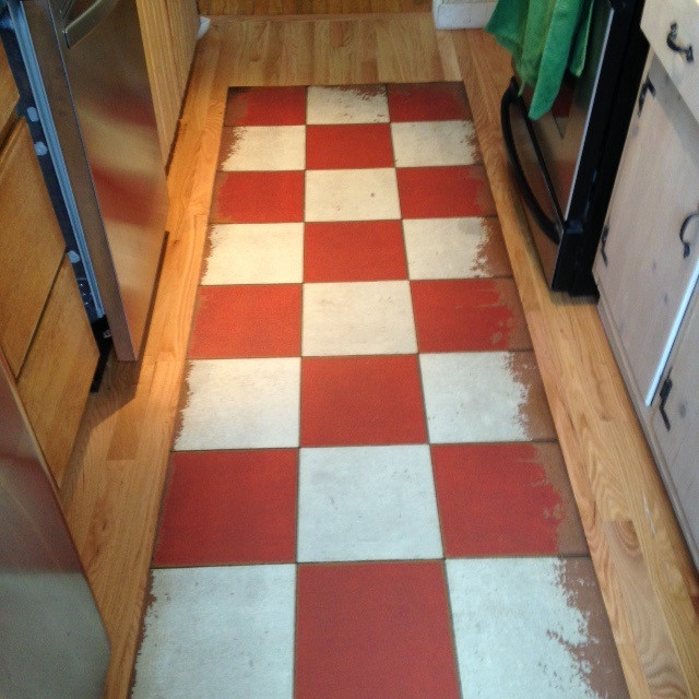 Classic Pattern 7 Checked Out (distressed)- vinyl floor cloth used in a galley kitchen 