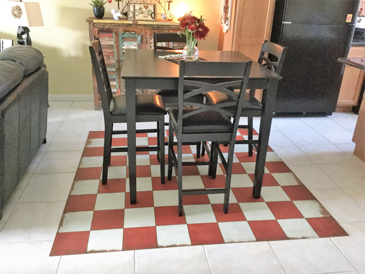Classic Pattern 7 Checked Out (distressed)- vinyl floor cloth used in a dining room