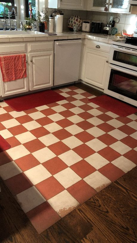 Classic Pattern 7 Checked Out (distressed)- vinyl floor cloth used in a kitchen 