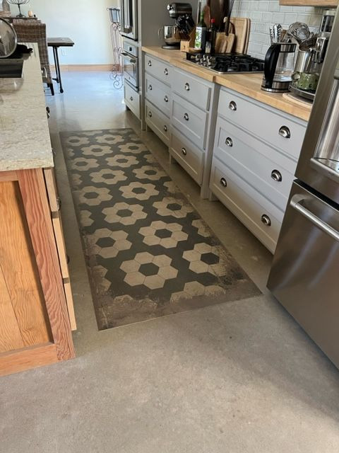 Classic Pattern 2 Resonance (distressed) - vinyl floor cloth sizes 36x99 runner used in a kitchen 