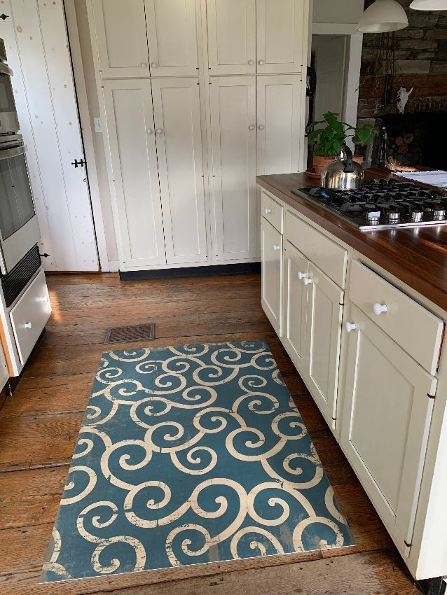 Classic Pattern 4 Tsunami (distressed)- vinyl floor cloth used in a kitchen 