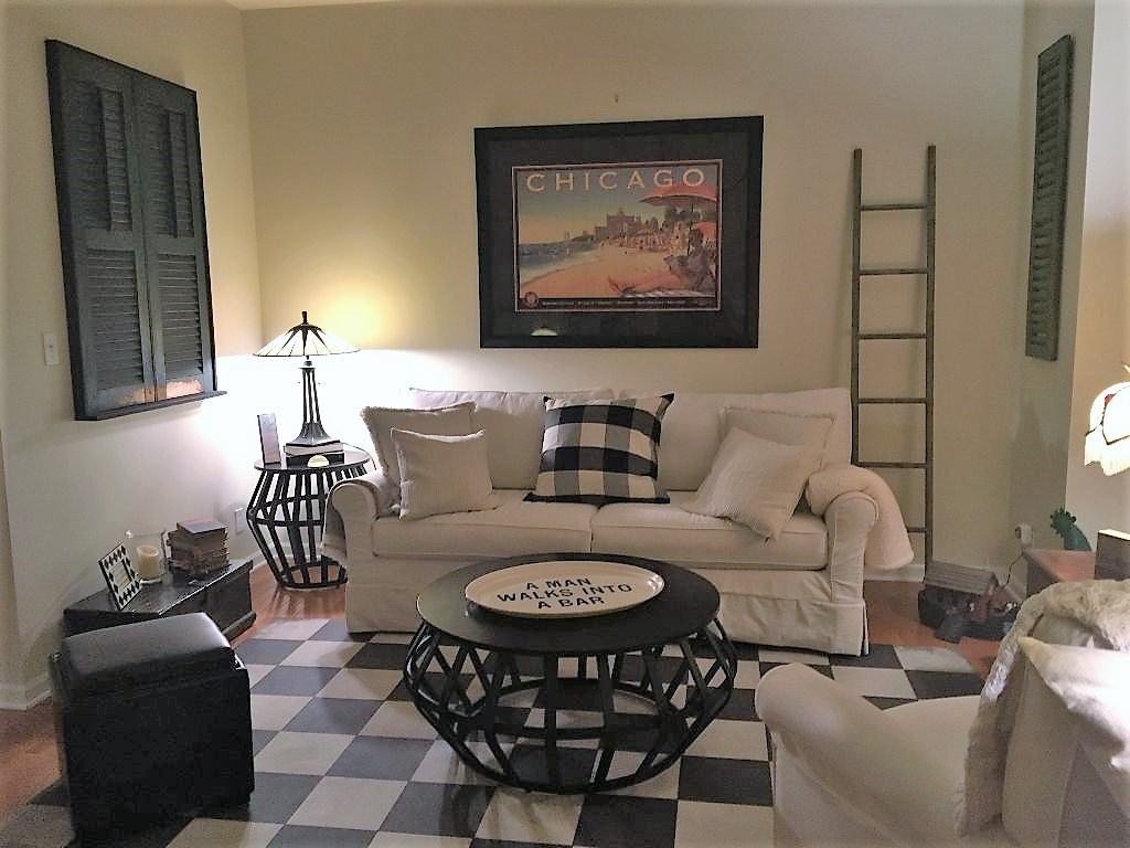 Classic Pattern 7 Checkered Past - (distressed) - vinyl floor cloth used in a living room