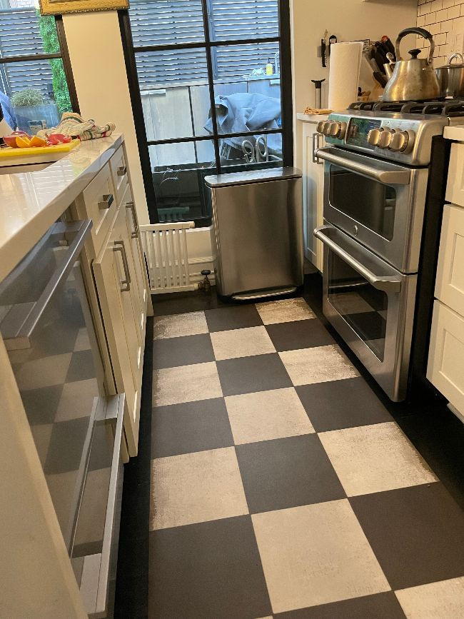 Classic Pattern 7 Checkered Past - (distressed) - vinyl floor cloth 32x96 runner used in a kitchen 