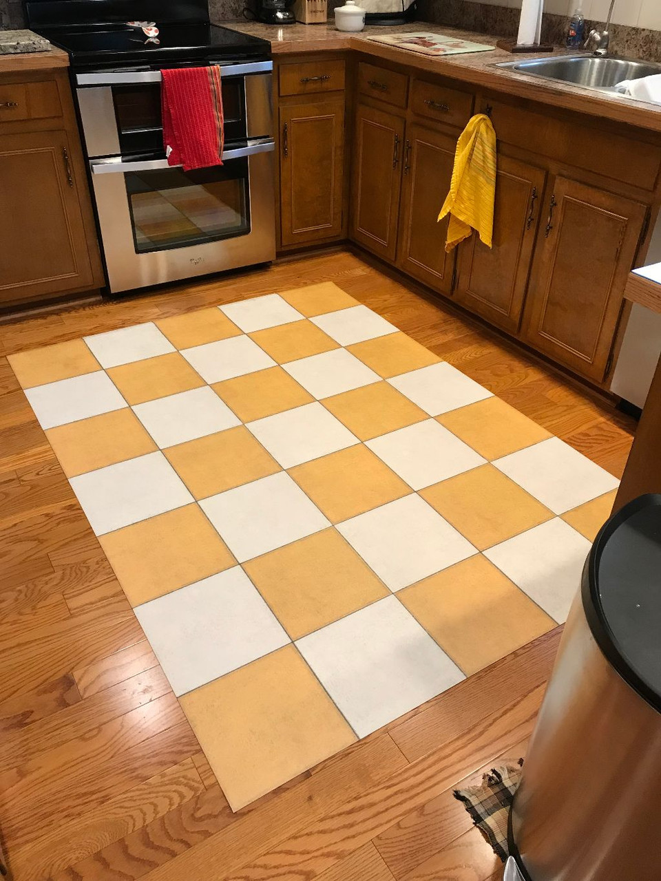 Classic Pattern 7 Check Yourself (distressed)- vinyl floor cloth used in a kitchen 