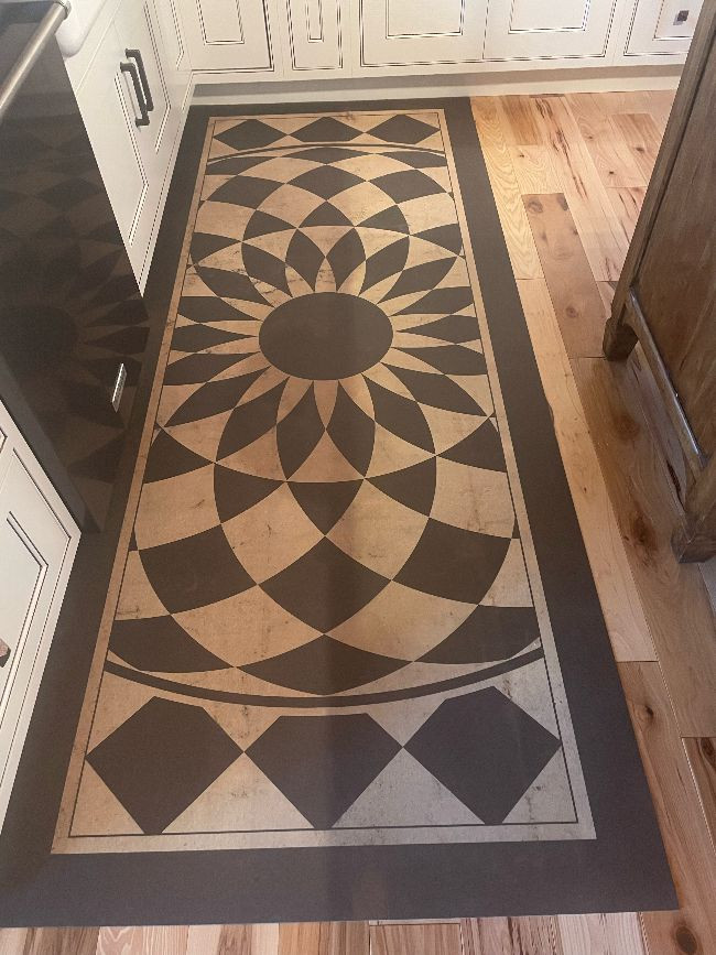 Classic Pattern 1 We're All Mad Here (distressed) - runner vinyl floor cloth as used in a kitchen 