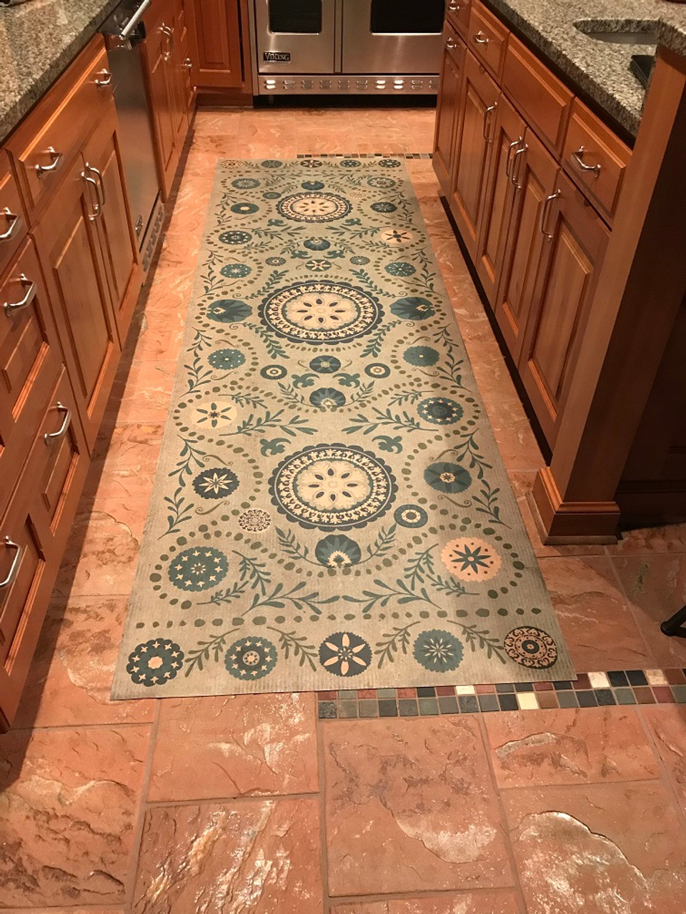 Pura Vida customer use of Boho Blue vinyl floor cloth 36x90