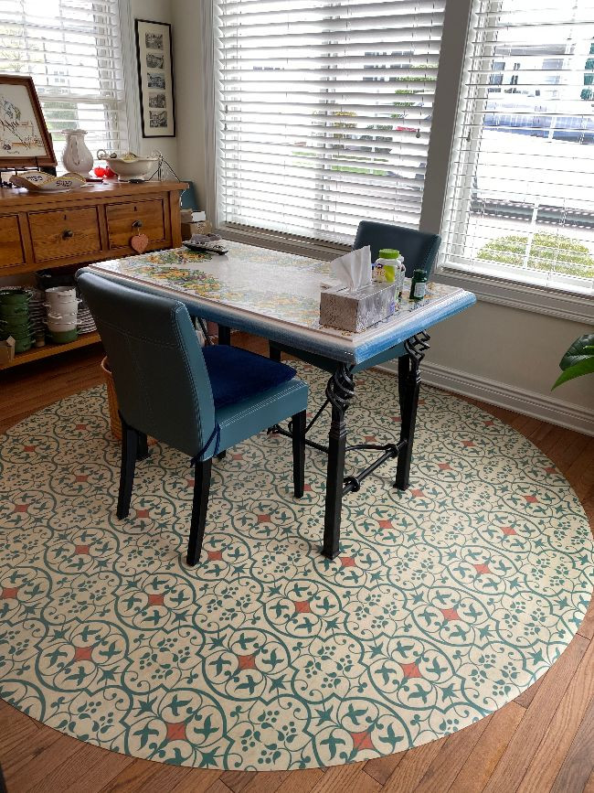 Pattern 51 And I Love Her - vinyl floor cloth custom round size used in a dining area 