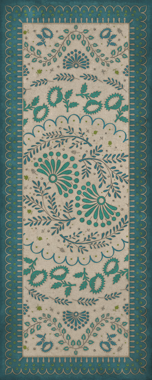 Williamsburg Cozens Brocade Mist Covered Mountains - vinyl floor cloth sizes 30x75, 36x90