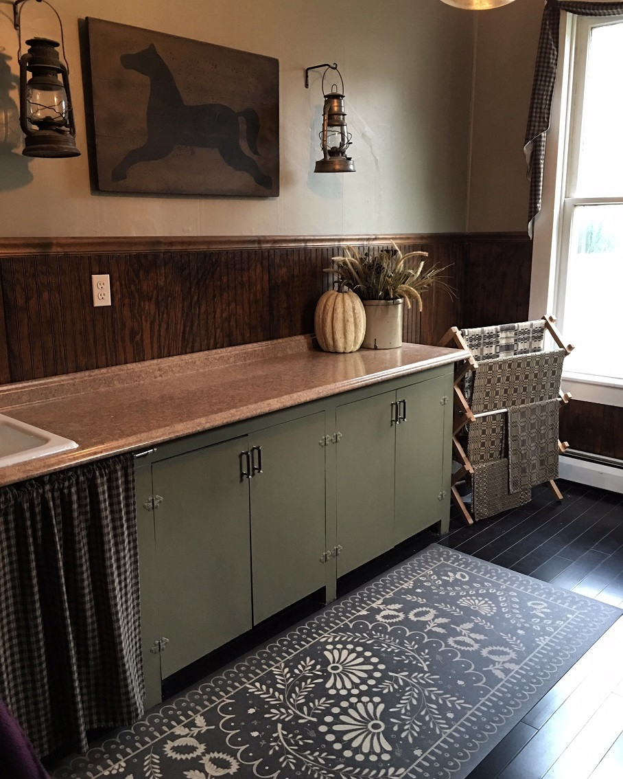 Pura Vida customer use of The Rolling of the Stones vinyl floor cloth in a farmhouse kitchen 