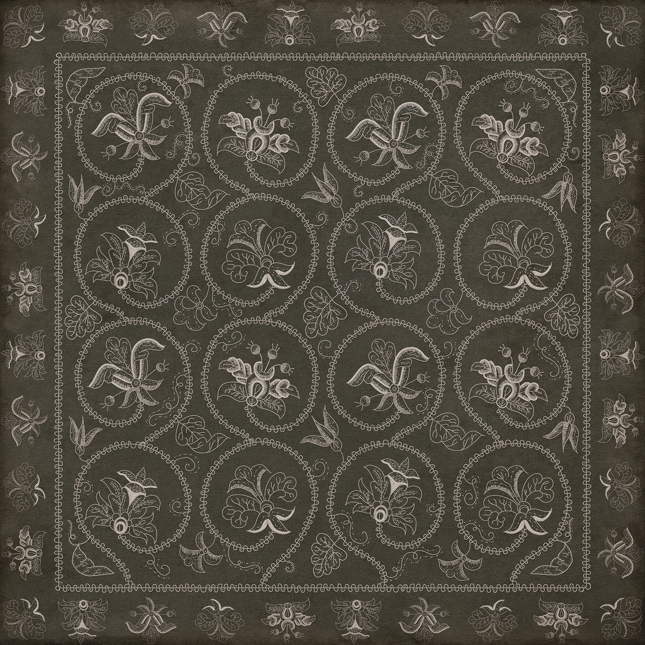 Williamsburg Crewelwork Azalea - vinyl floor cloth, Image for all square sizes