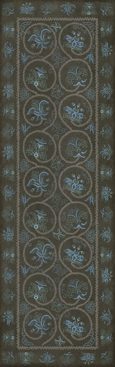 Williamsburg Crewelwork Delphinium - vinyl floor cloth size 36x115