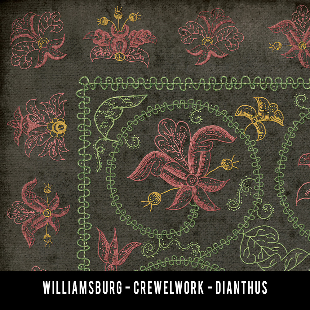 Williamsburg Crewelwork Dianthus - vinyl floor cloth swatch sample