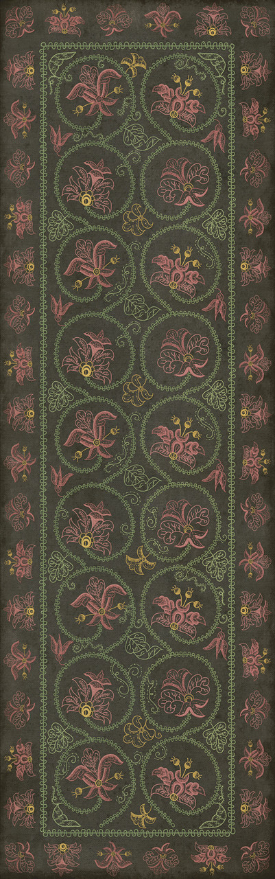 Williamsburg Crewelwork Dianthus - vinyl floor cloth size 36x115