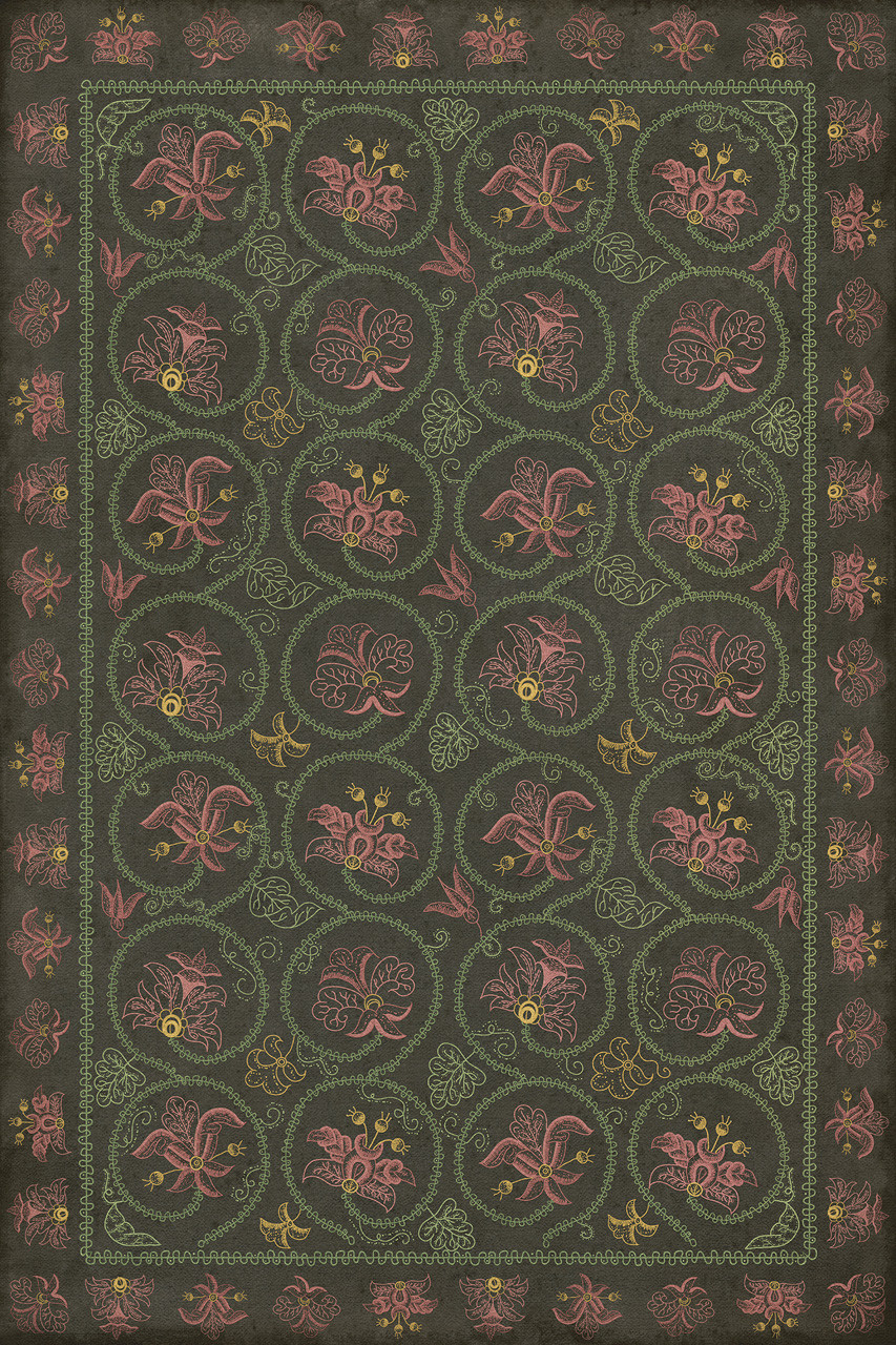 Williamsburg Crewelwork Dianthus - vinyl floor cloth, Image  for all rectangle sizes