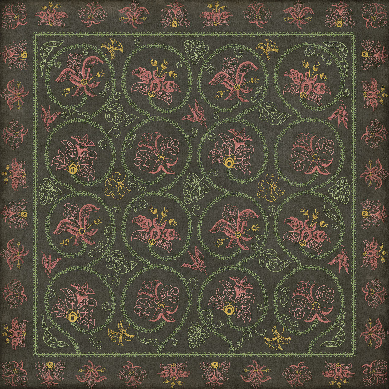 Williamsburg Crewelwork Dianthus - vinyl floor cloth, Image for all square sizes