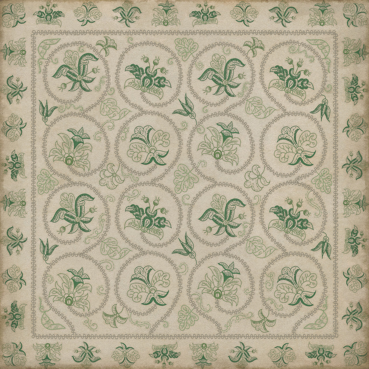 Williamsburg Crewelwork Gayfeather - vinyl floor cloth, Image for all square sizes