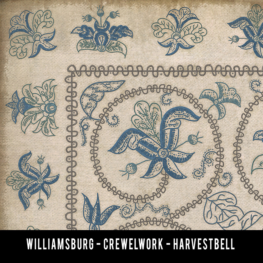 Williamsburg Crewelwork Harvestbell - vinyl floor cloth swatch sample