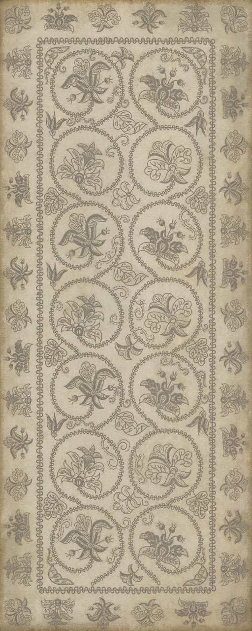 Williamsburg Crewelwork Hollyhock - vinyl floor cloth sizes 30x75, 36x90