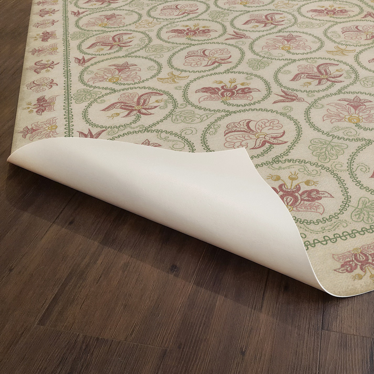 Williamsburg Crewelwork Rose Campion - vinyl floor cloth underside