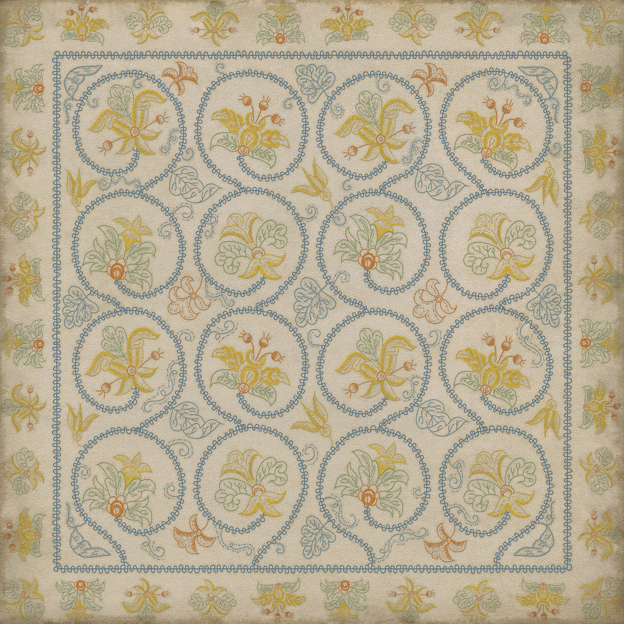 Williamsburg Crewelwork Sweetflag - vinyl floor cloth, Image for all square sizes