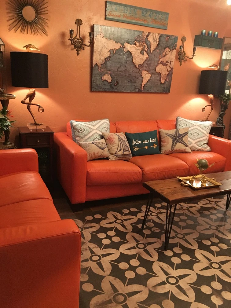 Classic Pattern 3 There's no Place Like Home (distressed) - vinyl floor cloth used in a living room 