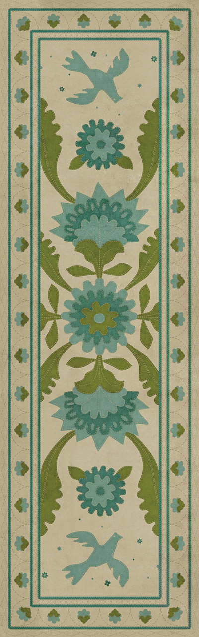 Williamsburg Applique Azure Moss - vinyl floor cloth size 36x115