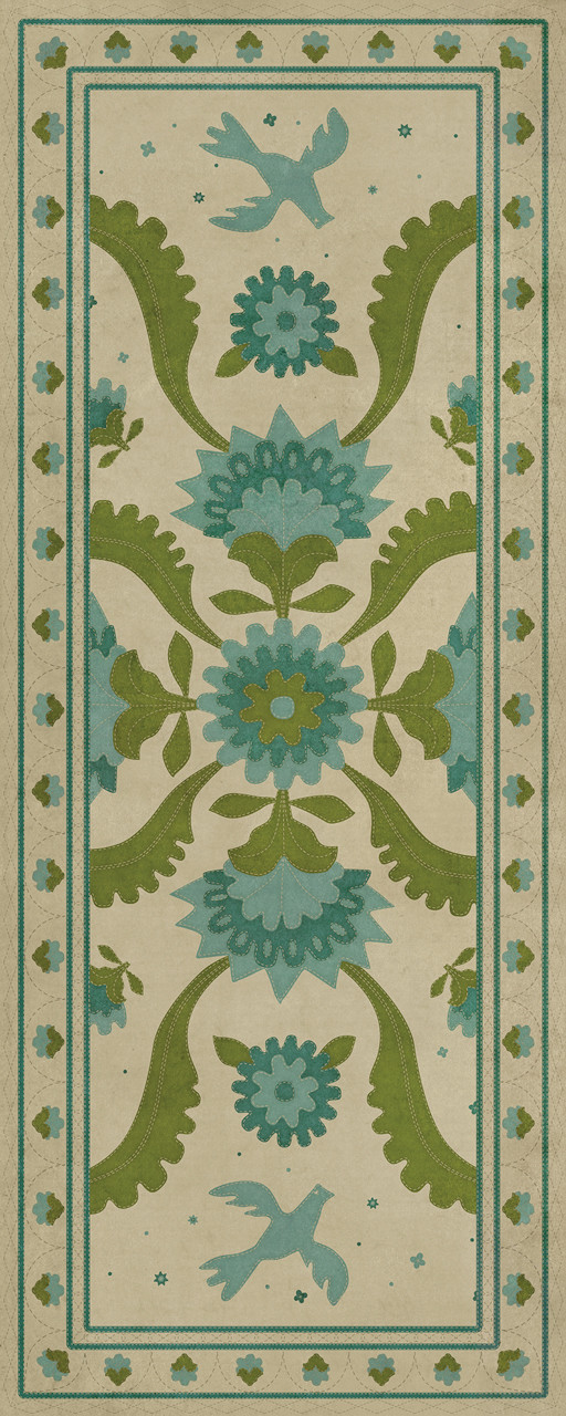 Williamsburg Applique Azure Moss - vinyl floor cloth size 36x90