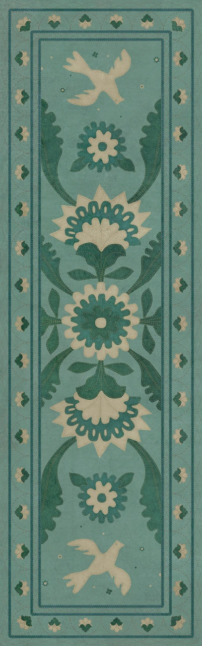 Williamsburg Applique Barred Clouds Bloom - vinyl floor cloth sizes 24x77, 30x96, 36x115