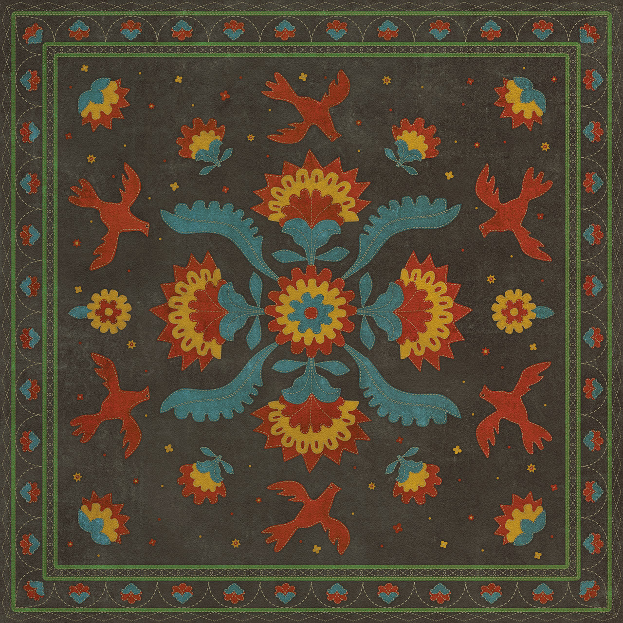 Williamsburg Applique Gossip of Swallows - vinyl floor cloth. Image for all square sizes