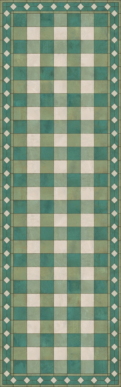 Williamsburg Gingham Tile Green - vinyl floor cloth sizes 24x77, 30x96, 36x115