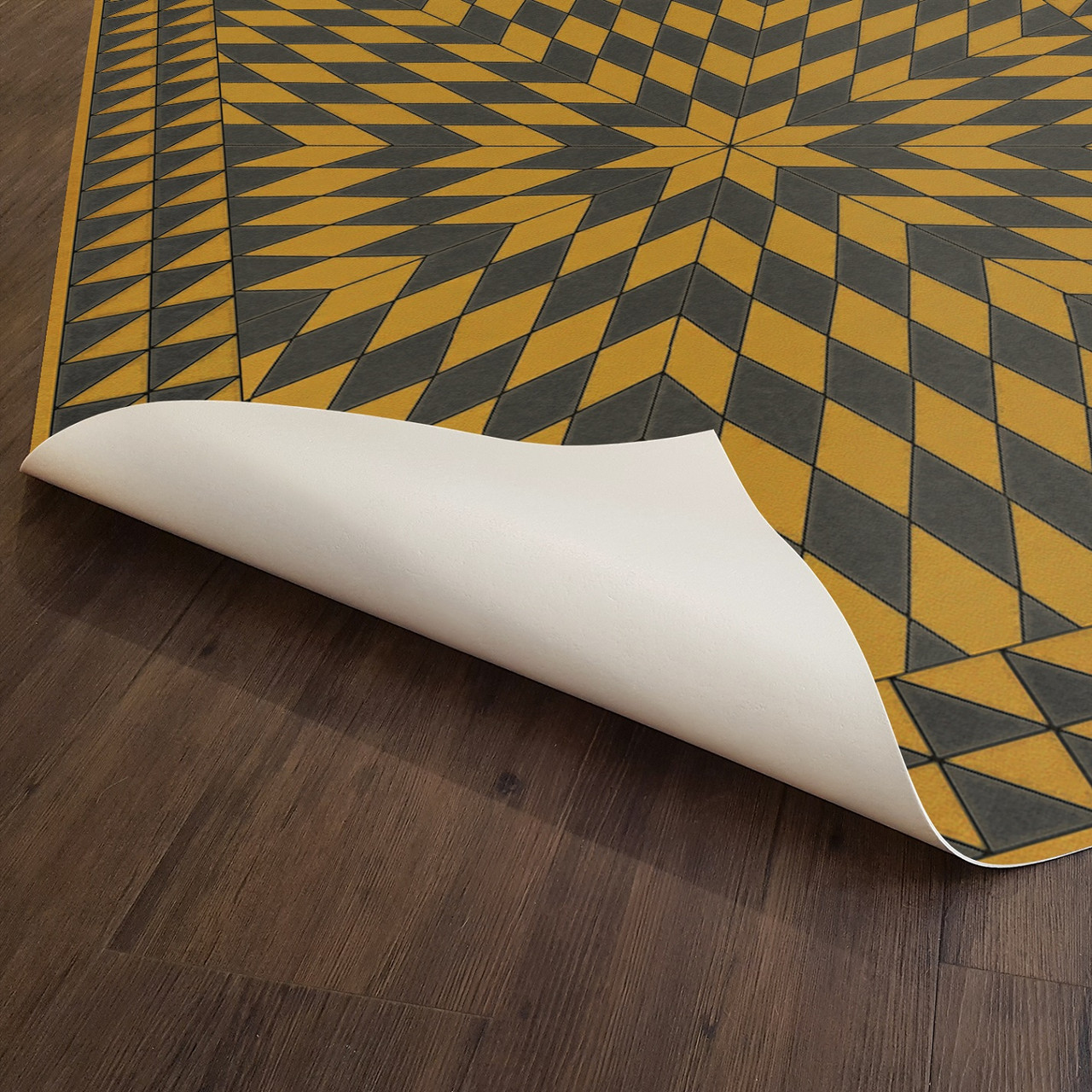 Sunburst Swinging Lamps at Night - vinyl floor cloth underside 